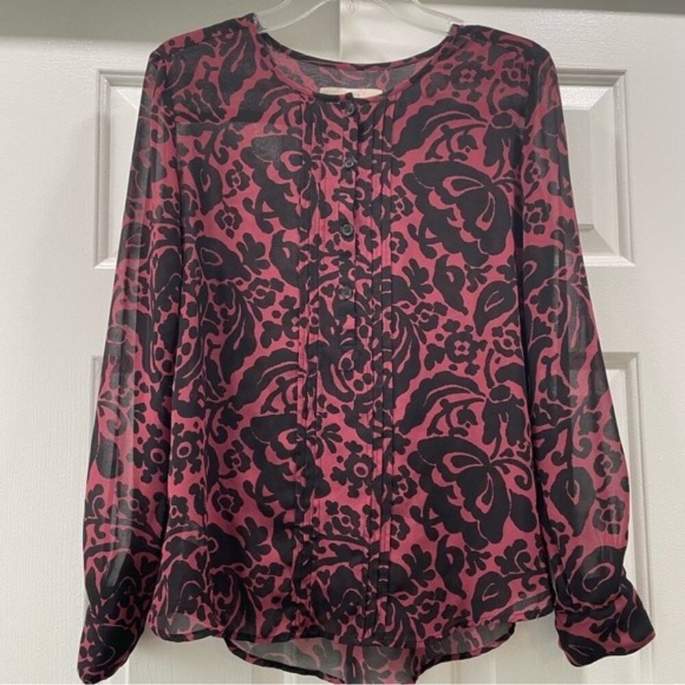 LOFT Maroon Burgundy and Black Floral Print Sheer Blouse Size S